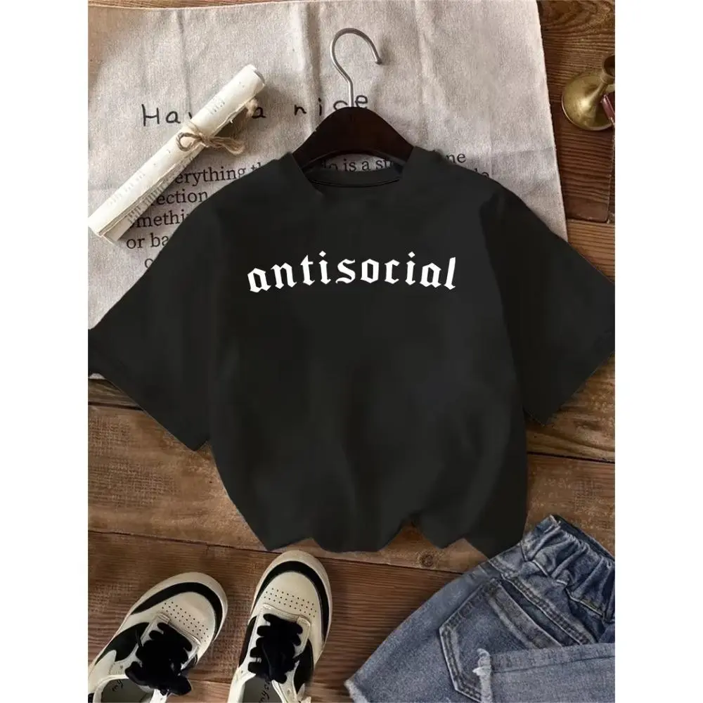 'Antisocial' Graphic Tshirt for Women, Smooth Cotton Shortsleeve Top in Dark Academia Style with a Casual Round Neck