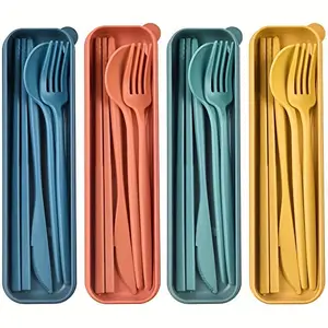 1 set of wheat straw cutlery set with travel case eco friendly reusable portable dinnerware perfect for picnics camping and office lunch use