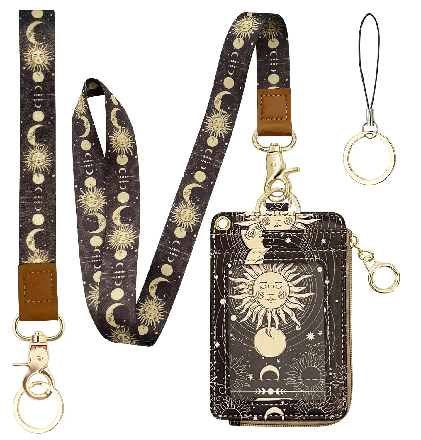 2-in-1 ID Badge Holder & Lanyard Wallet for Womens Leather Zip ID Case Wallet with Breakaway Wrist & Neck Lanyard, Clear Window, 5 Card Slots, Ring Keychain for Worker Teacher Nurse