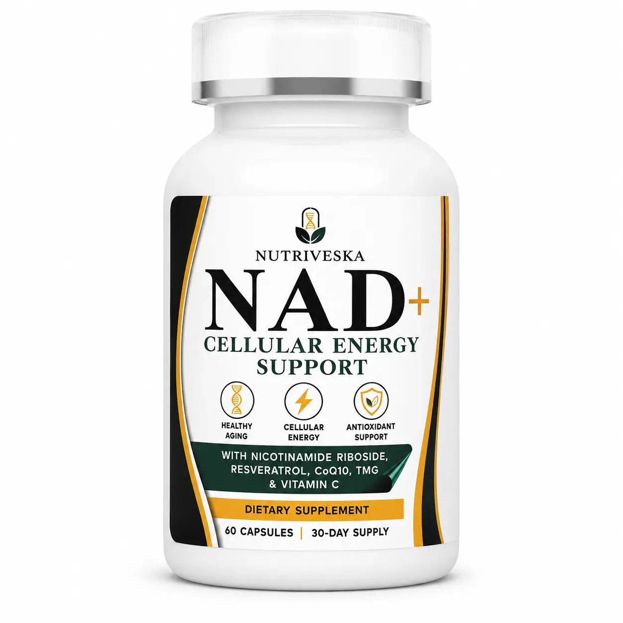 Nutriveska NAD+ Cellular Energy Support Dietary Supplement Capsules for Adults - Nicotinamide Riboside, Resveratrol, Coenzyme Q10, TMG, Vitamin C Complex Antioxidants Nutritional Supplements - Anti-Aging, Daily Vitality Support, 60 Capsules