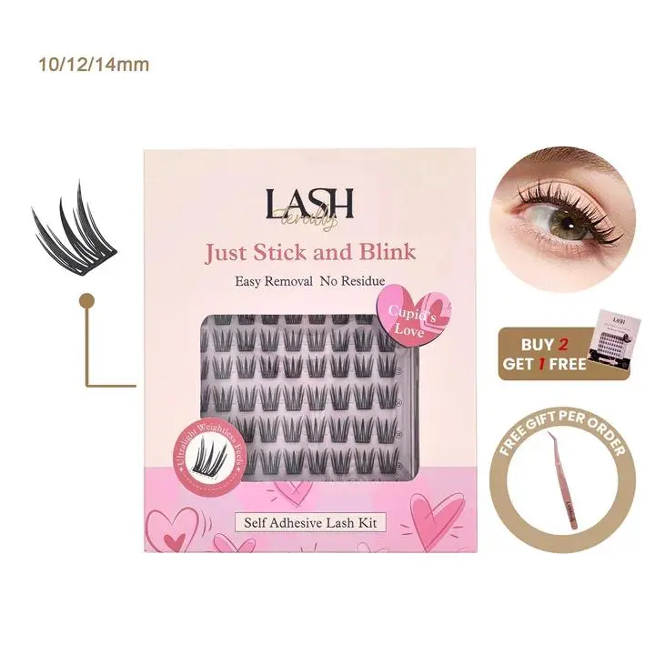 Lashterally Cupid's Love Self-Adhesive Lash Clusters Cosmetic Kit - Flawless, Glamorous Elegant False Eyelashes & Adhesives, Featherlight D-Curl 10-14mm, 90pcs, 24hr Hold, Featherlight Lashed Doll Eye Effect for Adult At-Home Use