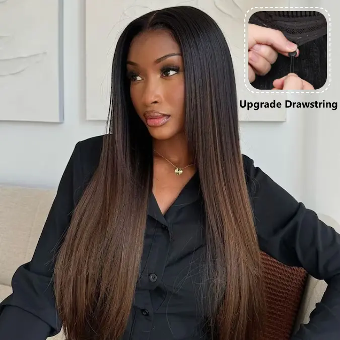 UNice Glueless Wigs Human Hair, Pre-Everything Ombre Chestnut Brown Yaki Straight, 7x5/13x4 HD Lace Frontal, Natural Scalp, Put On and Go, Beginner-Friendly Summer Wig, Lace Front Wig, Natural Hairline