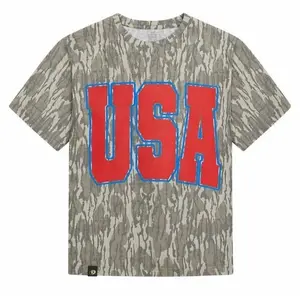 "USA Camouflage Tee – Bold Red ""USA"" Graphic on Camo Print T-Shirt Open for sale! "