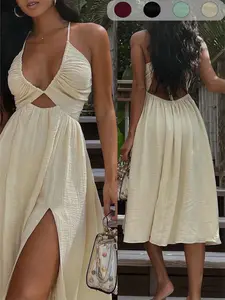 Summer New Sexy V-Neck Dress, Loose Beach Style Split Dress, Women's Chic Fashionable Long Dress, Perfect for Vacation