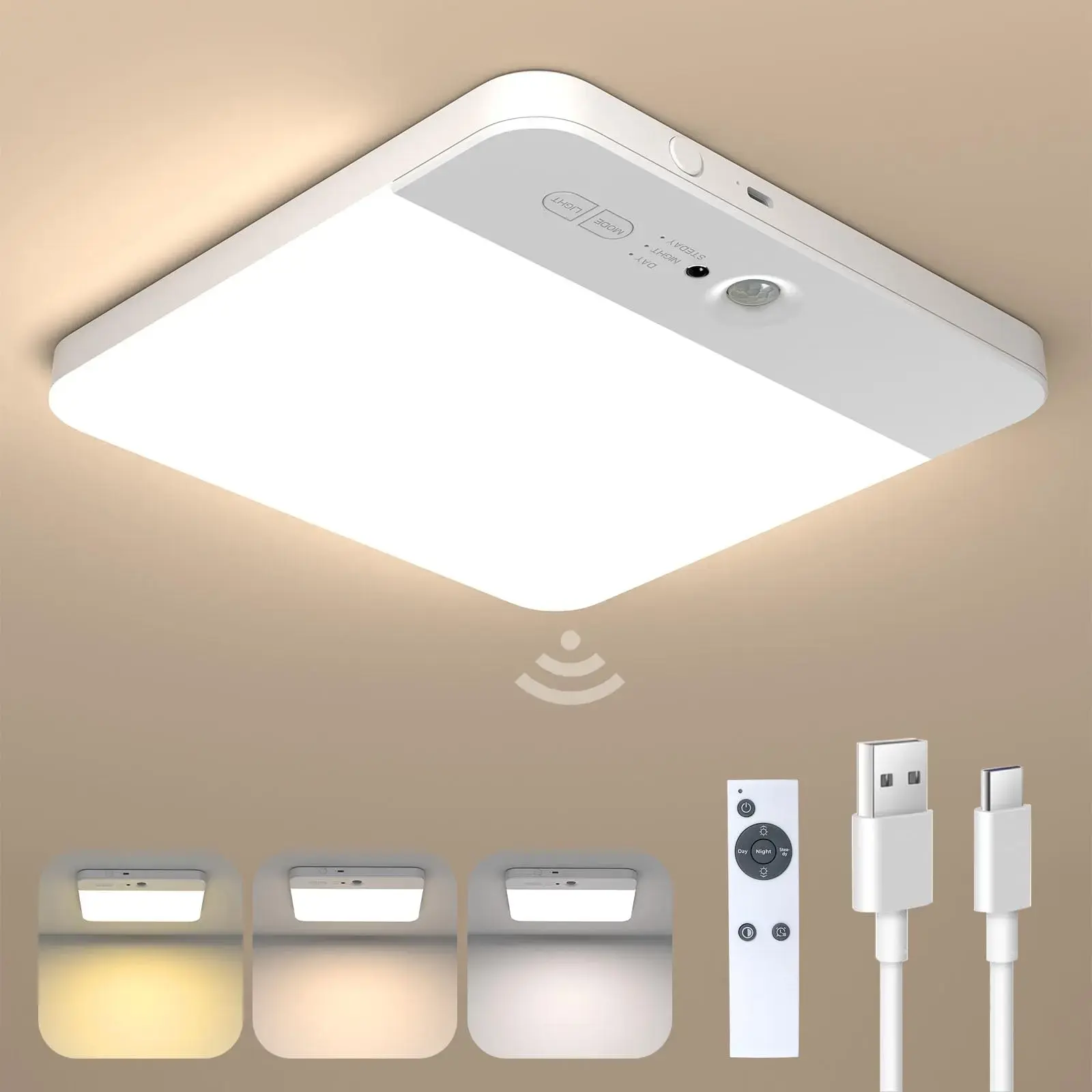 2026 New Motion Sensor Ceiling Light Fixture, Cordless Closet Light Battery Operated, Rechargeable Magnetic Mount LED Shower Light for Bathroom,Stairs,Garage,Hallway,3 Color Temperatures,Remote Control night light