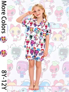 2-piece Kids Set: White Base with Full Cartoon Animal Print Short Sleeve Shorts, Soft Comfortable Flared Collar Top, Small Pockets, Elasticated Waistband, Casual Home Wear Children's Sleepwear Set, Matching Pajamas Set