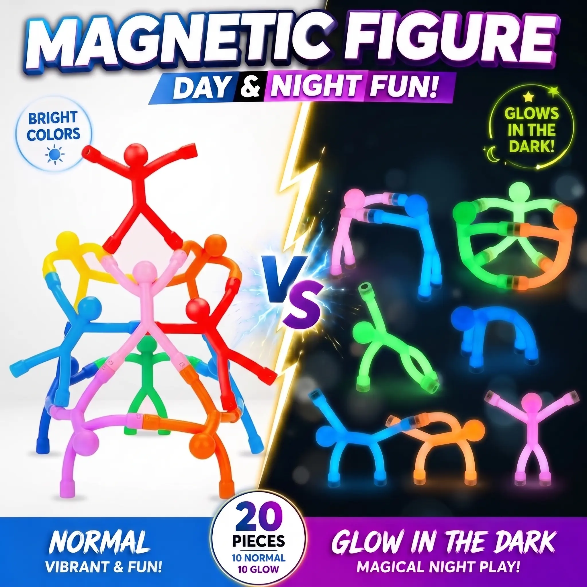 20PCS Magnetic Fidget Toys for Kids, Glow in the Dark Magnetic Fidget Toy, Colorful Stick Figures Building Set, Creative Sensory Travel Toy Gift for Boys & Girls