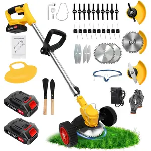 24V Electric Weed Wacker Cordless Grass Trimmer with 2x2000mAh Batteries & Fast Charger, 3 in 1 Stringless Lightweight Brush Cutter/Edger/Mower with 3 Types Blade & Wheels for Garden and Yard Lawn