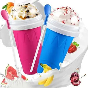 2 Pack Slushy Cup, Slushie Maker Cups, Magic Frozen Squeeze Cups for Ice Cream Juice Milk Yogurt, DIY Smoothie Cooling Cup with Lid and Straw for Kids Friends Family (Blue and Pink)