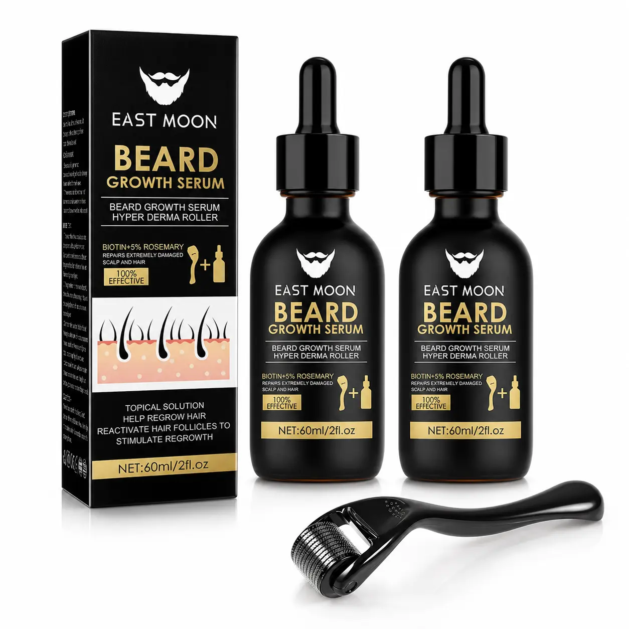 [BUY 1 GET 1 FREE] EAST MOON Beard Growth Kit-Beard Care Serum & Beard Massage Derma Roller,Beard Care Nutritional Oil, Making Beards Thicker and More Shiny, Men's Daily Beard Care Products and Tools, Holiday gifts, Father's Day