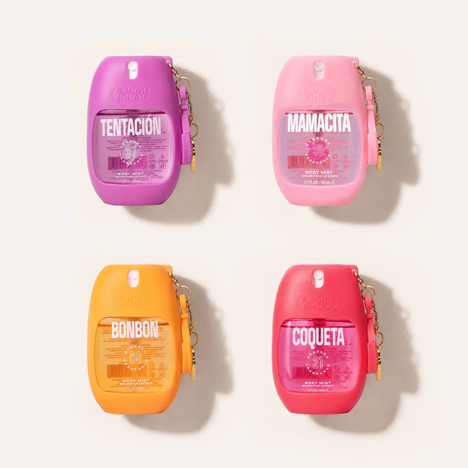 Miami Mami Body Mist Collection, 4 Scents Fruity Floral Gourmand Body Spray Set - Tropical Vacation Sweet Girly Fragrance Mist Set - 1.7 fl.oz / 50ml × 4 - Pitahaya, Plum, Pistachio & Vanilla - Travel-Sized Cozy Sweet Scent for Vacations & Daily Use