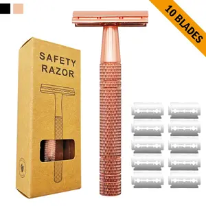Double Edge Safety Razor, 1 Set Reusable Metallic Face Razor with 10pcs Replaceable Blade, Single Blade Razors for Men & Women, Men's Care Products, Shaving Set