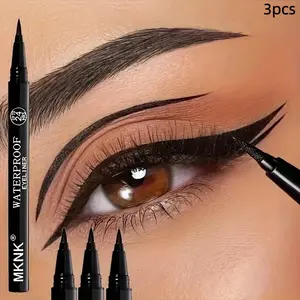 3 MKNK Black Liquid Eyeliner Pens - Ultra-fine tip, longwear, long-lasting and quick-drying, precisely draws delicate Euro-American style Graphic Eyeliner, creates dramatic and clean makeup looks, easy to apply and smudge-proof, perfect gift choice