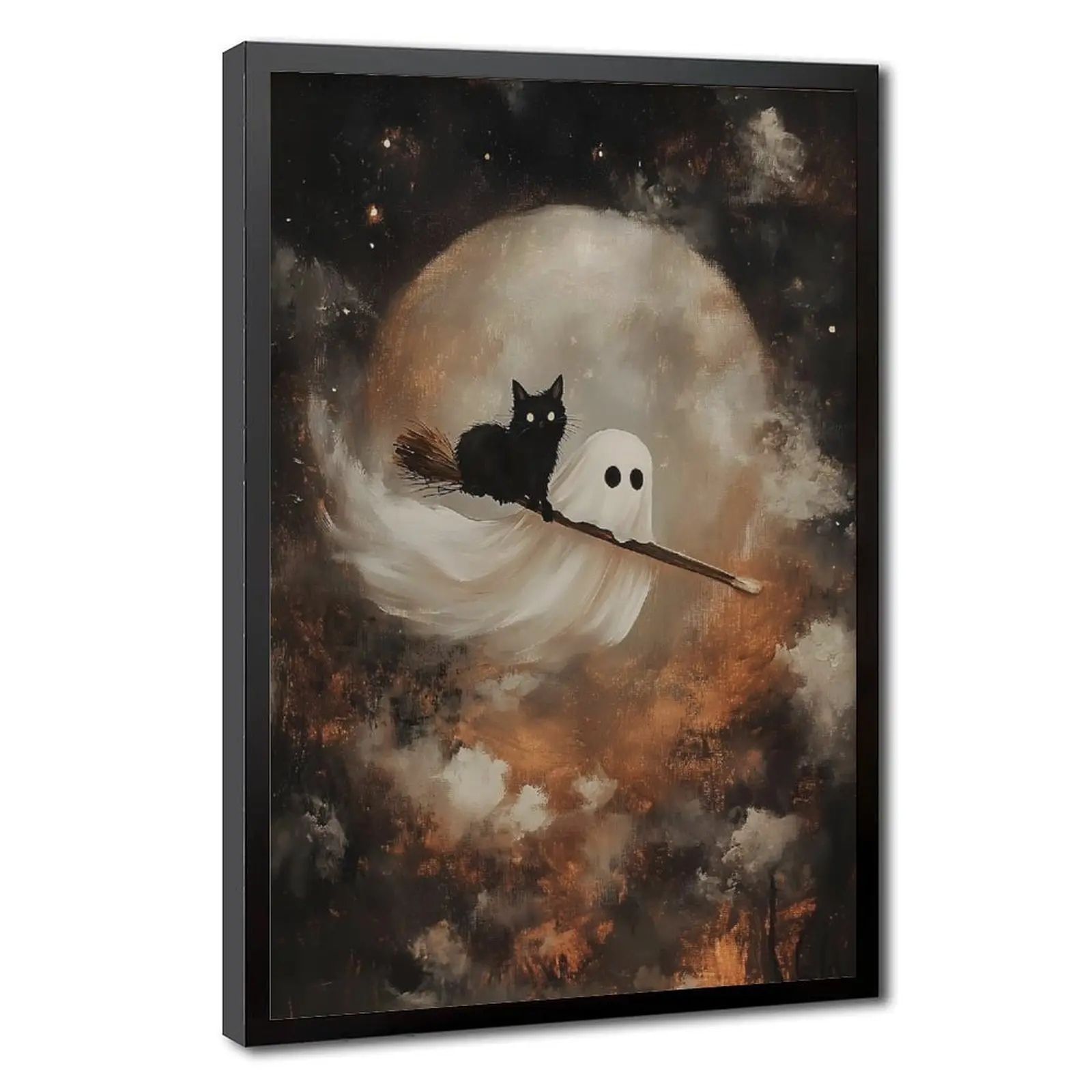 Ghost and Black Cat Halloween Print Halloween Wall Art Cute Spooky Decor Trendy Broomstick Art
