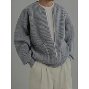 Men’s zip-up knit cardigan for spring, autumn, and winter—loose fit, casual, laid-back, minimalist, multifunctional, single-color outerwear GARMENTARY