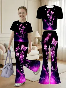 Girls' Purple Neon Light Butterfly Print Short Sleeve Flare Pants, Casual Fashion Set