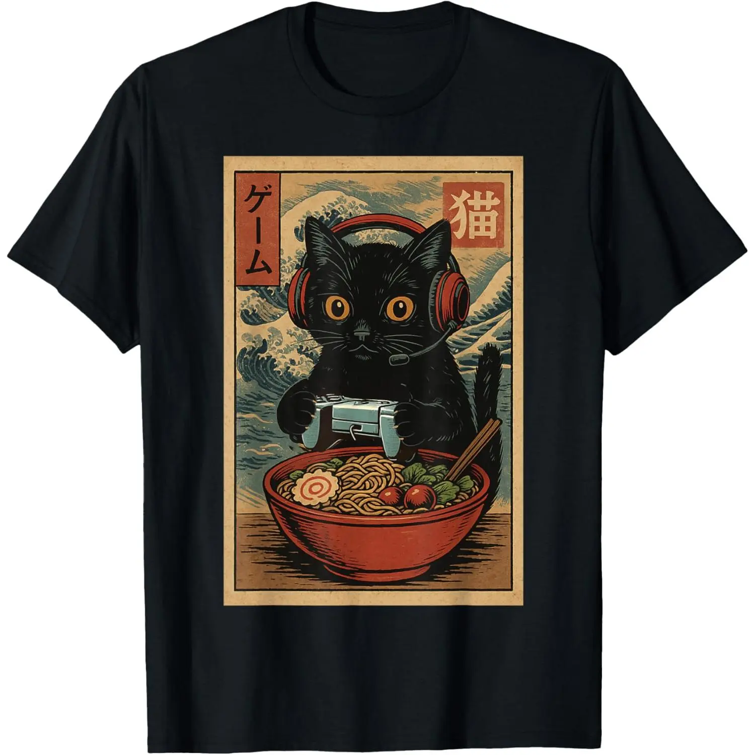 Men's Classic Cotton Short-Sleeve Round Neck T-Shirt - Cute Kawaii Gamer Cat, Funny Ramen, Retro Japanese Cat, Dinosaur Gaming Fabric Top