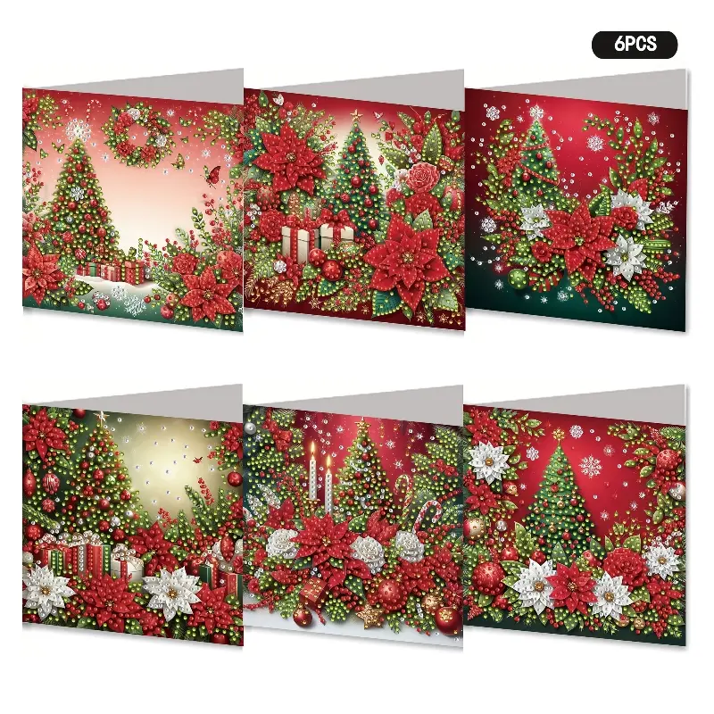 6 Christmas Themed Diamond Painted Greeting Card Set, Unique Crystal Sticker Handmade Kit with 6 Envelopes, Mosaic