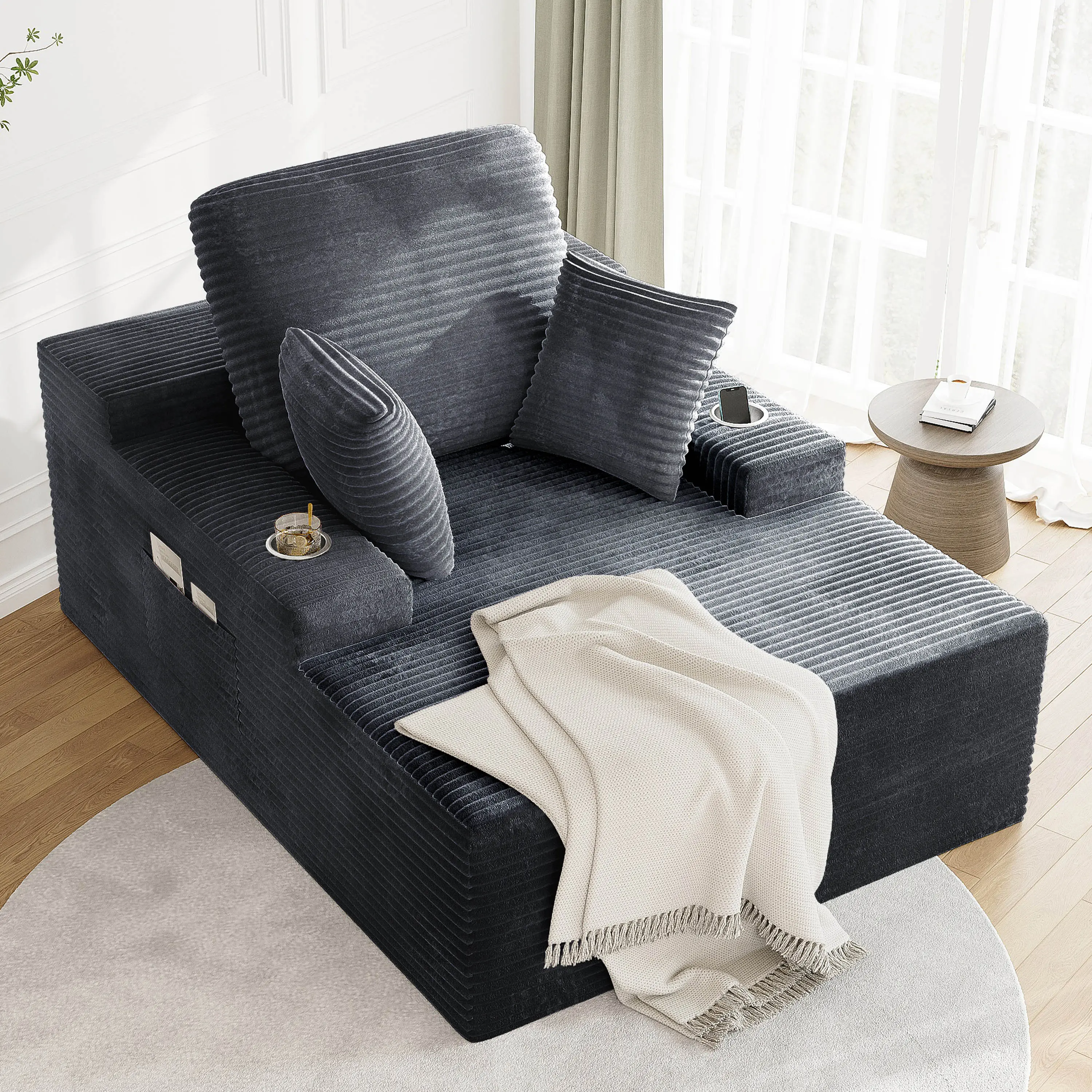 LIKIMIO 49" Oversized Convertible Chaise Lounge Sofa Bed - Plush Corduroy Upholstered Cloud Couch Design, 2 Cup Holders, Storage Pocket, No-Assembly Furniture for Living Room, Apartment Use