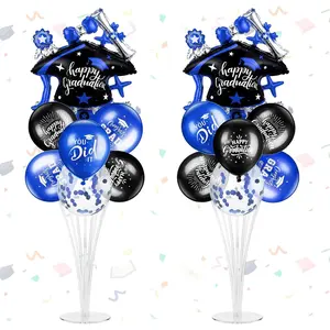 Blue and Black 27 Pcs 2026 Graduation Balloon Centerpiece with Stand Congrats Grad You Did It Graduation Cap Balloons Column Kit for High School College Table Decorations