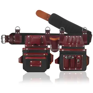 FUERI Tool Belt for Men, Heavy Duty Tool Bag Nylon and Leather 26 Pockets Maroon and Black comes with Comfort Padded Belt,Spacious Pouches,Hammer Holder and Suspender Loops for Carpenter Construction Electrician Tool Bag