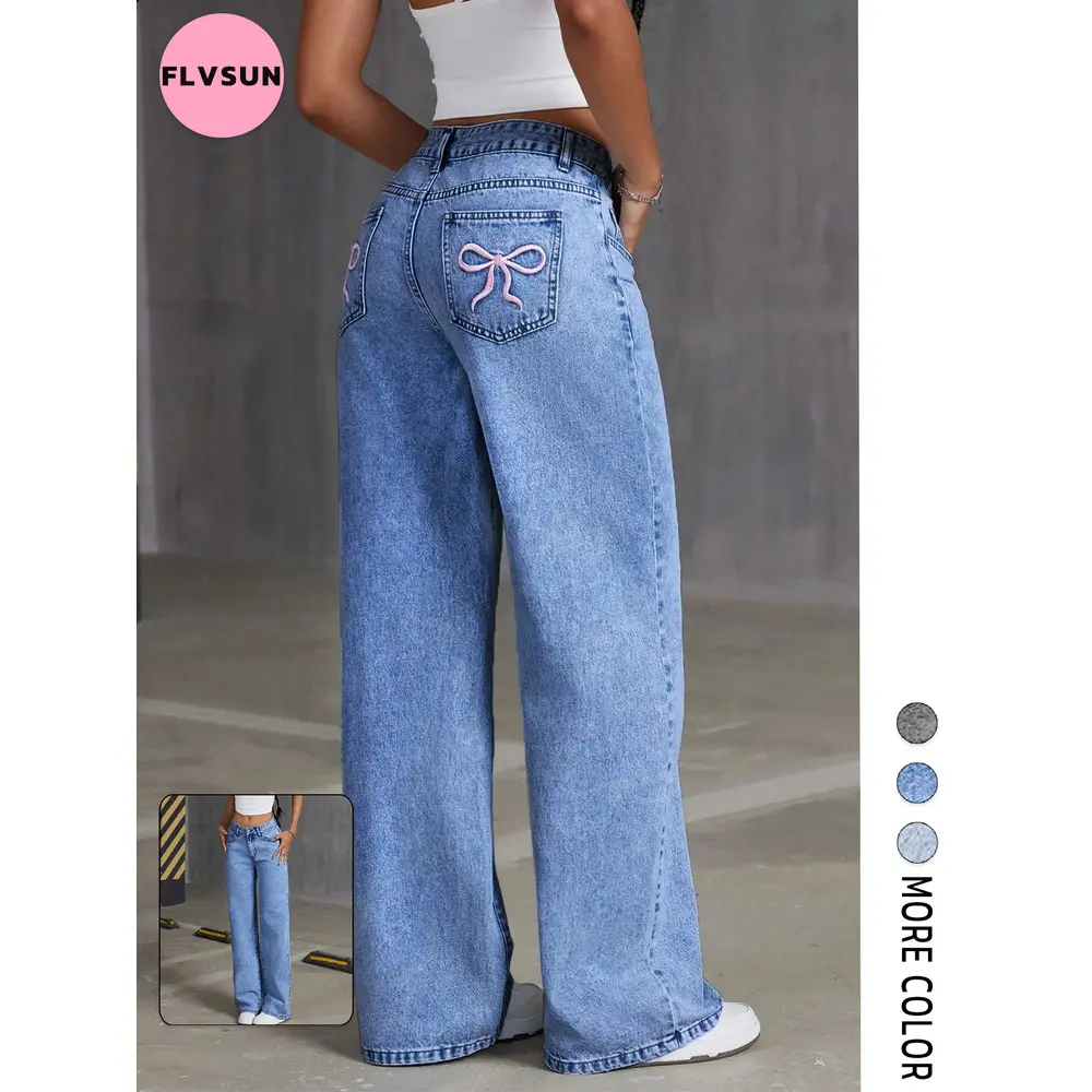 Flvsun Women's Jeans with Embroidered Bow, Mid Waist Straight-Leg Loose Denim Bottoms, Casual Streetwear Clothes for Easter & Outdoors