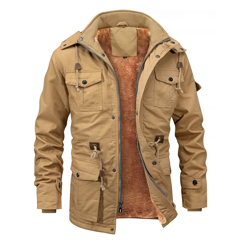 INVACHI Men's Hooded Military Jacket, Plain Cotton Work Coat with Warm Fleece Lining and Cargo Pockets, Black, Casual Jacket, Longsleeves, Military Look, Hooded Jacket