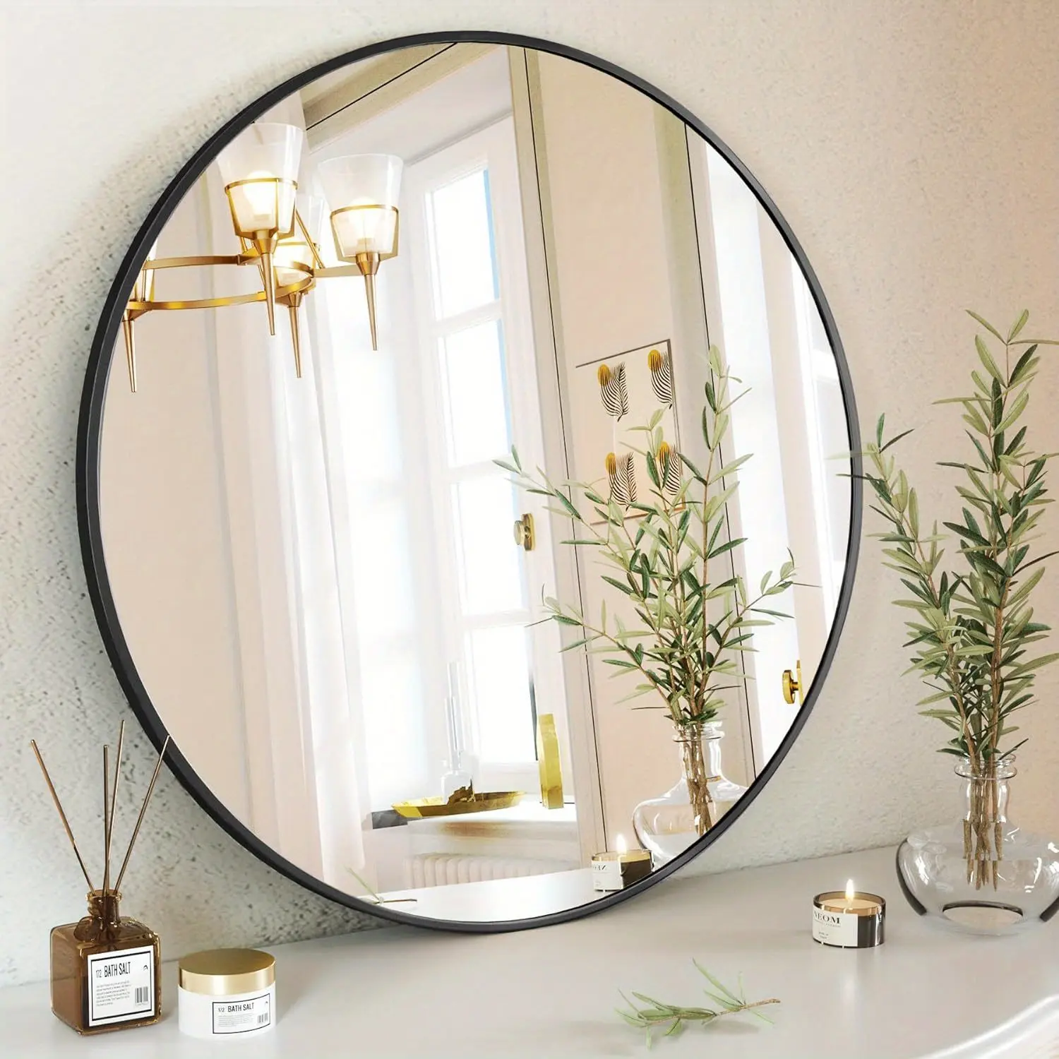 New 24 Inch Gold Round Mirror - Stylish Vanity Mirror with Luxurious Finish for Bathrooms Entryways and Living Rooms - Adds Elegance to Any Wall Decor