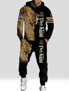 2026 New Arrival! King of Streetwear Men's Lion Print Tracksuit - Hoodie & Jogger 2-Piece Set