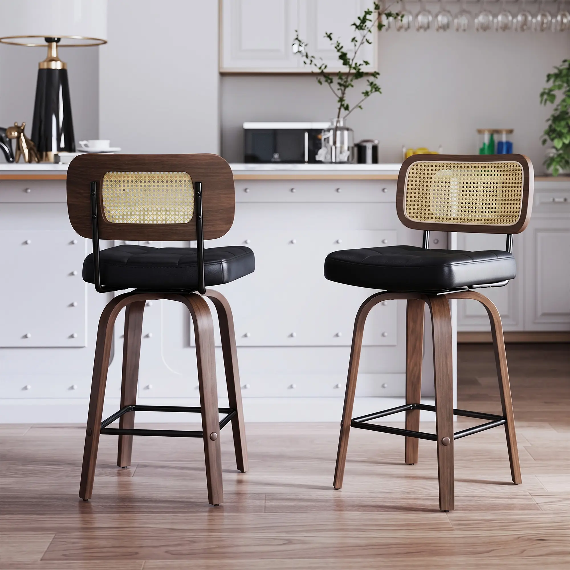 26-in Modern Swivel Counter Stools - PU Leather Seat, Rattan Back, Bentwood Fixed Frame, Indoor Kitchen Dining Chairs for Stylish Spaces