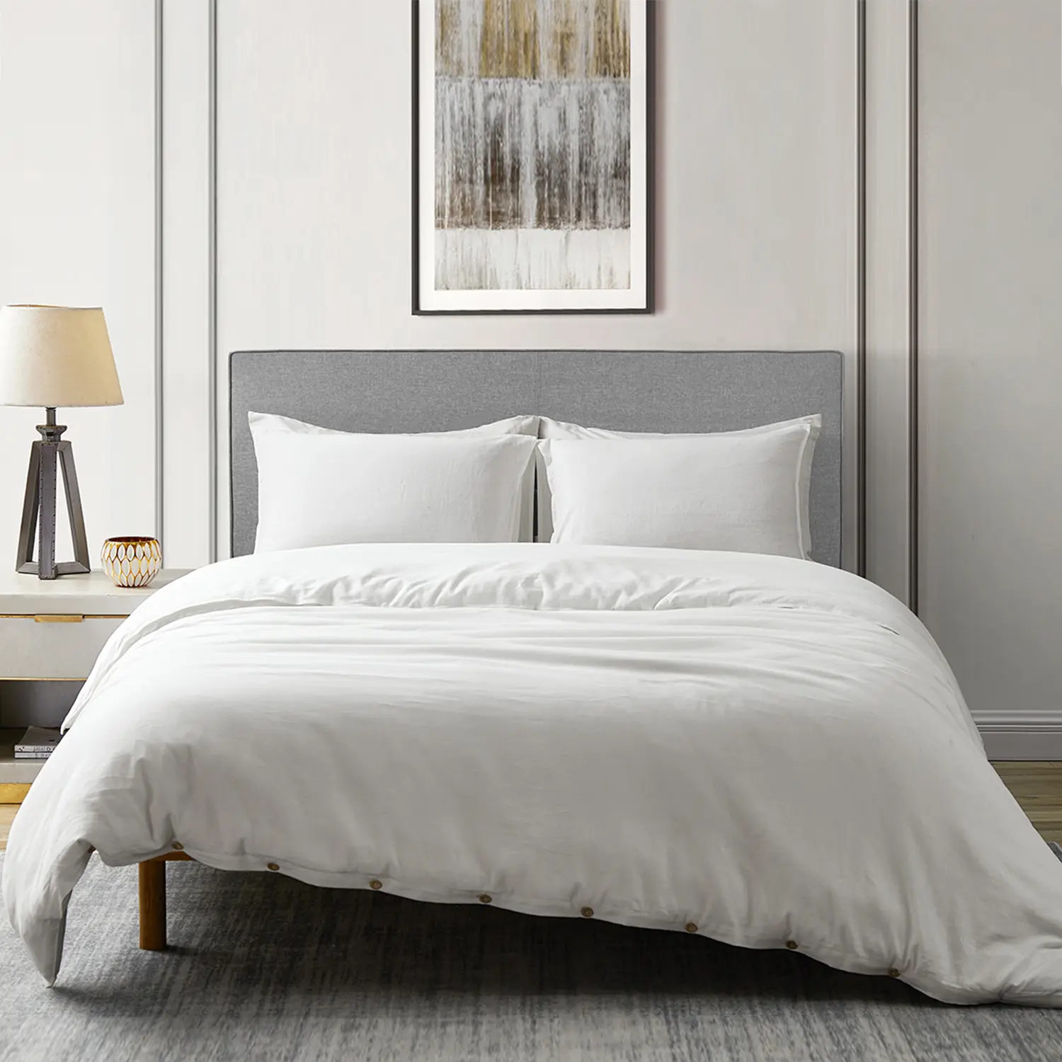 DAPU Linen Cotton Blend Duvet Cover Set, Washed Lightweight Bedding Set with Buttons Closures, Hypoallergenic Soft Linen Cotton Blend Duvet Cover Set with 8 Corner Ties backtoschool