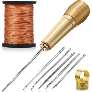 6 count Canvas Leather Sewing Awl  with Copper Handle, 50 m Nylon Cord Thread and 2 count Thimble for Handmade Leather Sewing Tools Shoe and Repair