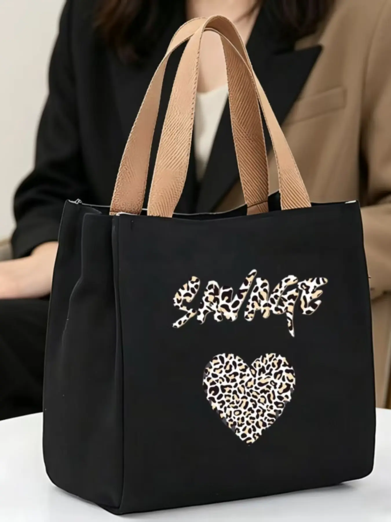 #LeopardSavageTote #WildHeartBag | Black Canvas Tote Bag with "SAVAGE" Leopard Print Letters & Heart, Casual Bold Shopper with Beige Handles, Large Capacity Handbag, Durable & Edgy, Perfect for Strong Independent Women