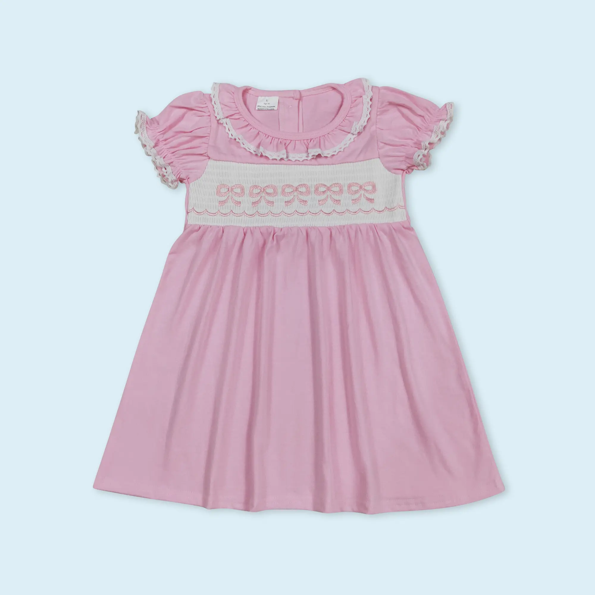 Embroidery pink bow girls summer dress