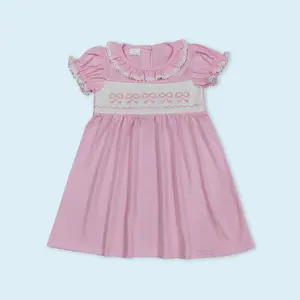 Embroidery pink bow girls summer dress