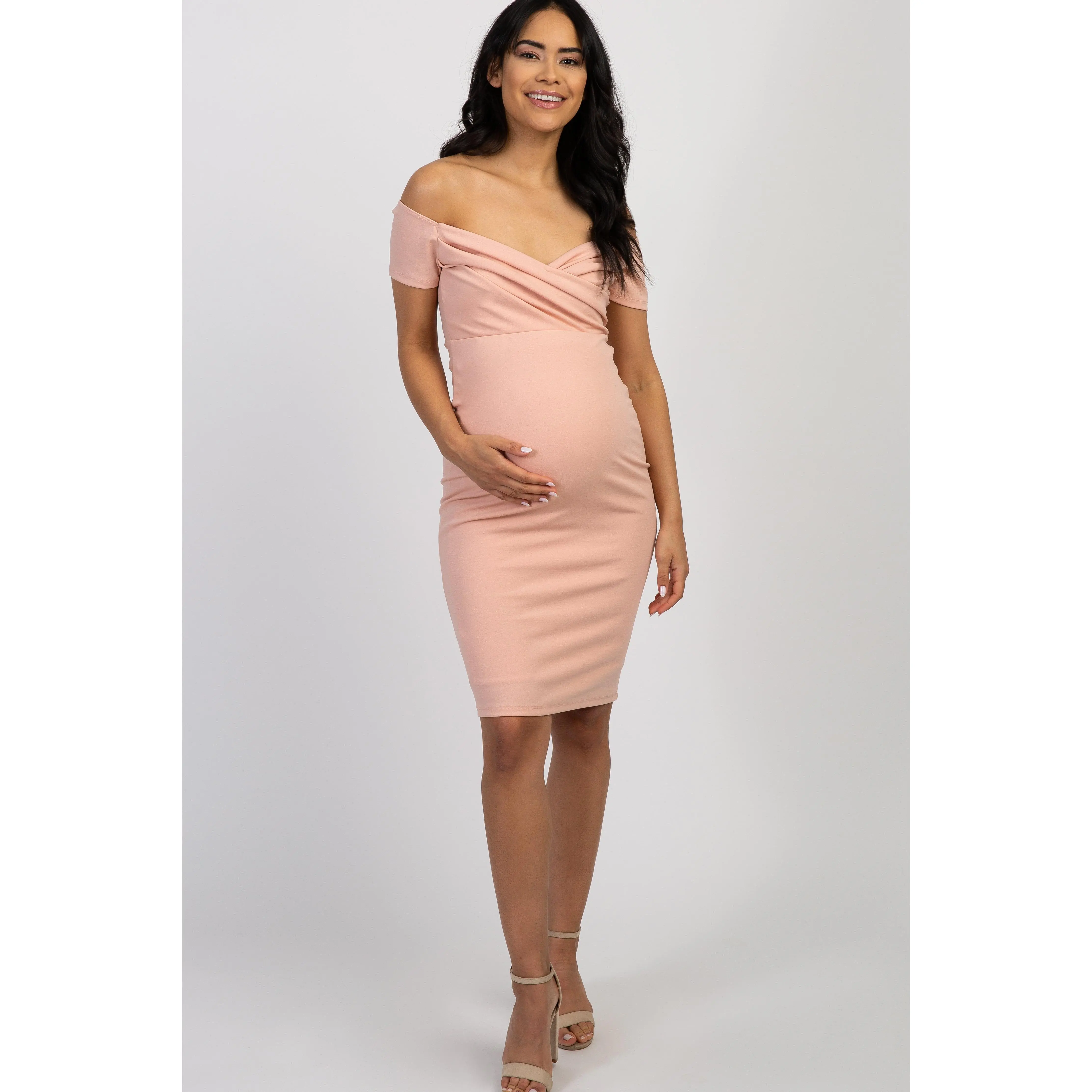 PinkBlush Light Pink Solid Off Shoulder Maternity Fitted Dress, Pregnancy Clothes, Maternityclothes, Dress The Bump, Short Sleeves, Body-Fit