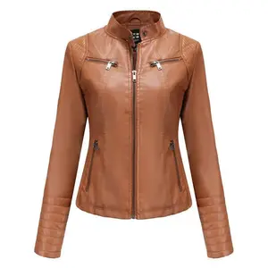 Women's Slim Leather Jacket, Stand-up Collar, Zipper Stitching, Monochromatic Coat, Fashion Clothing, New