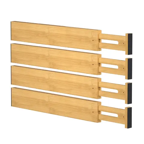 4 PCS Bamboo Drawer Sorting Dividers, Adjustable Kitchen Drawer Storage Rack, Expandable Drawer Partition, Suitable for Bedroom, Bathroom, Dressing Table and Office