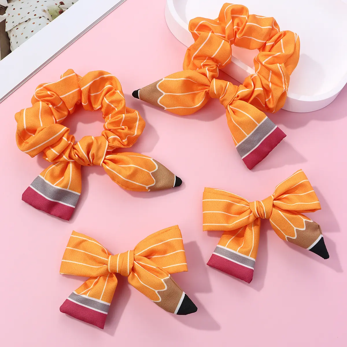 Back to School Hair Accessories Set for Students, Cute Pencil Print Soft Fabric Scrunchies, Bow Clips & Knotted Headband, Lightweight Gift for Girls, Pencil Hair Bow Accessory