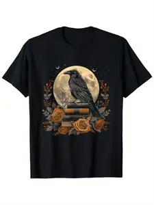 Men's Gothic Crow Reading Book Pattern T-Shirt-Black Vintage Divination T-Shirt with Full Moon, Casual Shirt for All Seasons, Suitable for Dark Fantasy Lovers and Everyday Gothic C, breathable comfort, daily wear, street casual look
