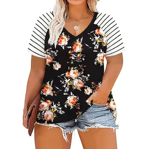 DOLNINE Women's-Plus-Size-Tops V Neck Striped Raglan T Shirts Summer Short Sleeve Tee oversized tshirt women VPS0106 tiktokshopspringglowup