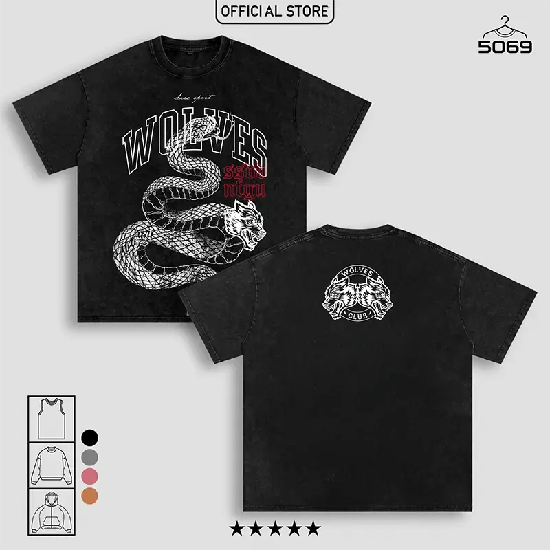 Darcsport Men's Retro Washed Oversized Cotton Round Neck Short-Sleeve T-Shirt - Snake & Wolf Prints Top for Alpha Lifters, Gym & Streetwear Men's Clothing (Multi-Size)