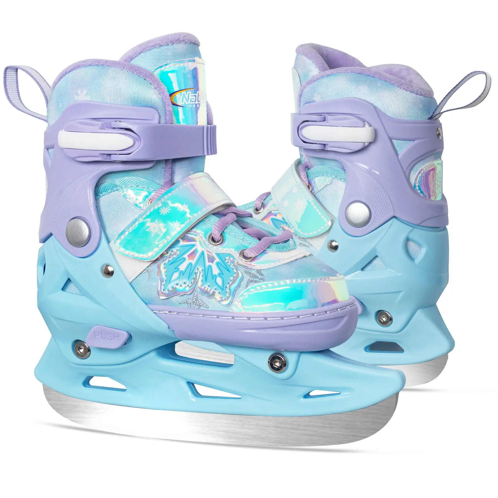 Nattork Kids' Adjustable Ice Skates - Plush Fleece, Snowy Ice Pink & Blue, Adjustable Fit for Growing Feet, Durable Blades, Precision-Sharpened Edges, Multi-Size, Birthdays