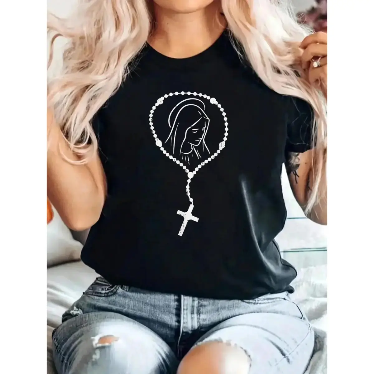 Men's Religious Print Virgin Mary Jesus Catholic Faith Menswear T-Shirt - Standard Fit, Crew Neck, Short-Sleeve Basic Streetwear Casual Top for Spring & Summer, 2XL, Denim Compatible