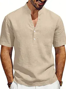 Men's Summer Loose Fit Linen Casual Breathable Henry V Neck Short Sleeve Shirt, Cross-Border American Style Commuter Top