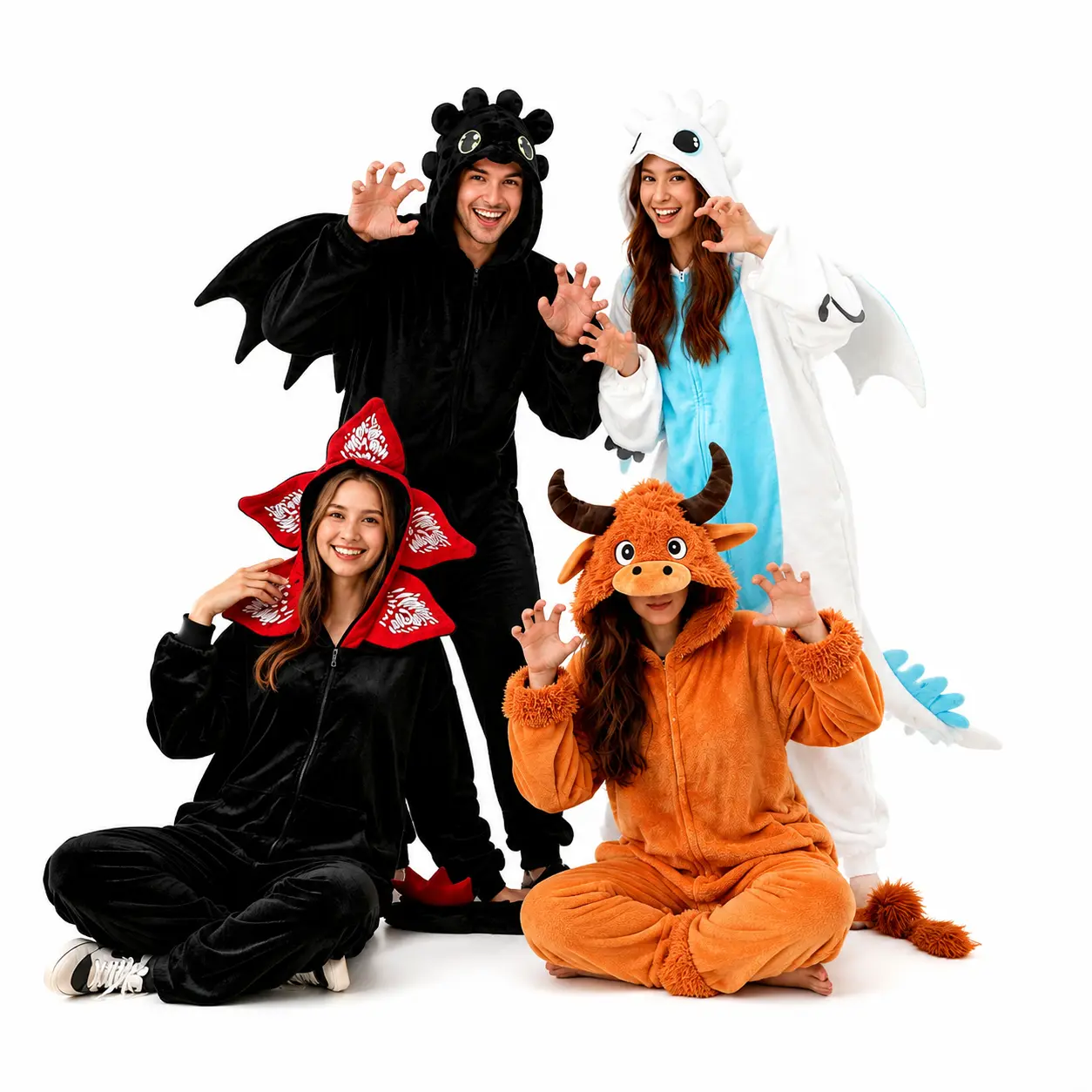 Couple Onesie Pajamas, Adult Animal Jumpsuit Costume for Men & Women, Long Sleeve Cozy Loungewear Sleepwear, Funny Role Playing Outfit for Christmas, Dragon Cow Multiple Styles
