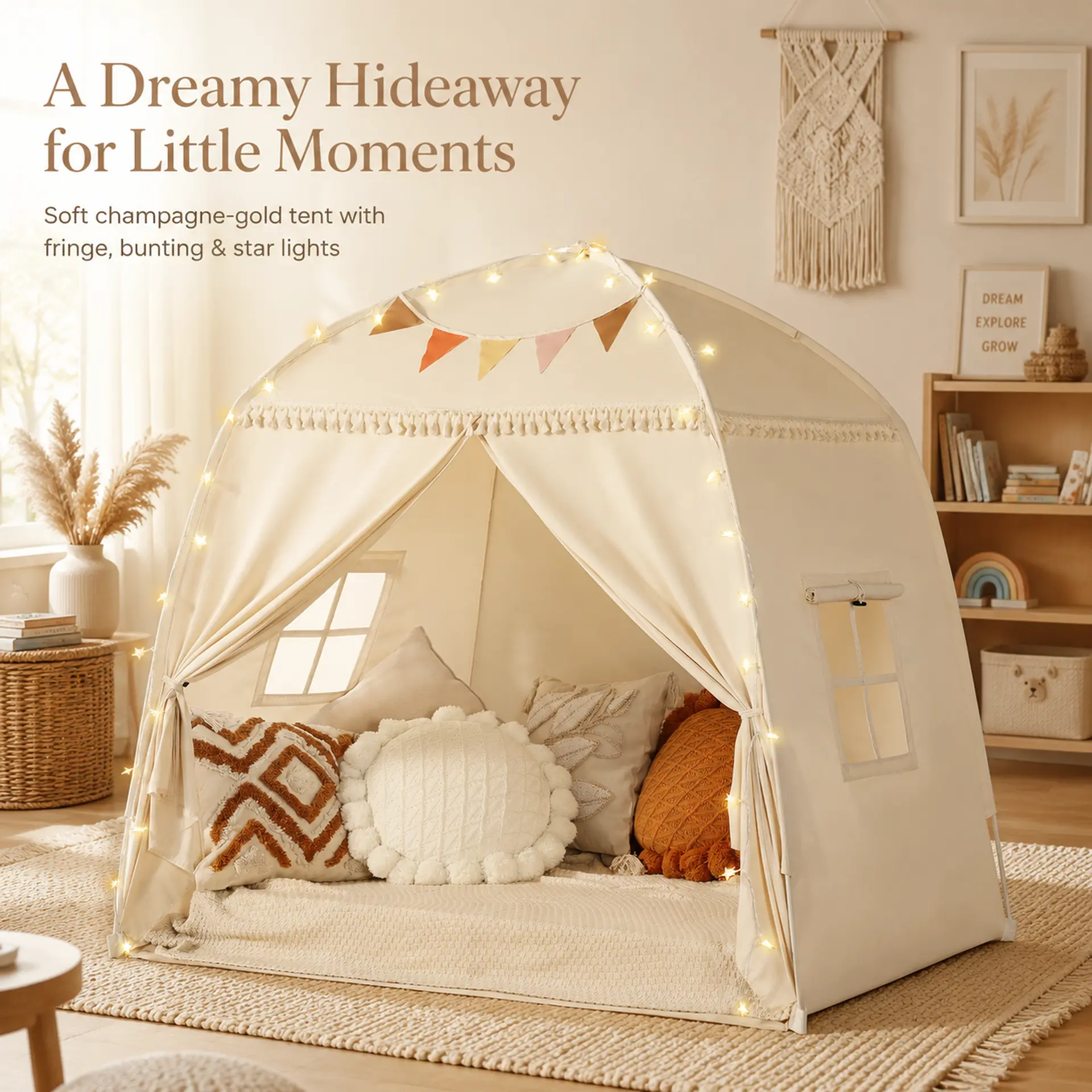Apojungle Unisex Kids Full Size Bed Tent - Party Play Tent with Star Lights, Flags, Airflow Design, Cozy Canopy Playhouse for Toddlers, Learning Reading Nook, Playroom Decoration or Gift Option