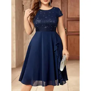 (New)Women'S Plus-Size Chiffon Dress with Sequin Patchwork Formal Womenswear