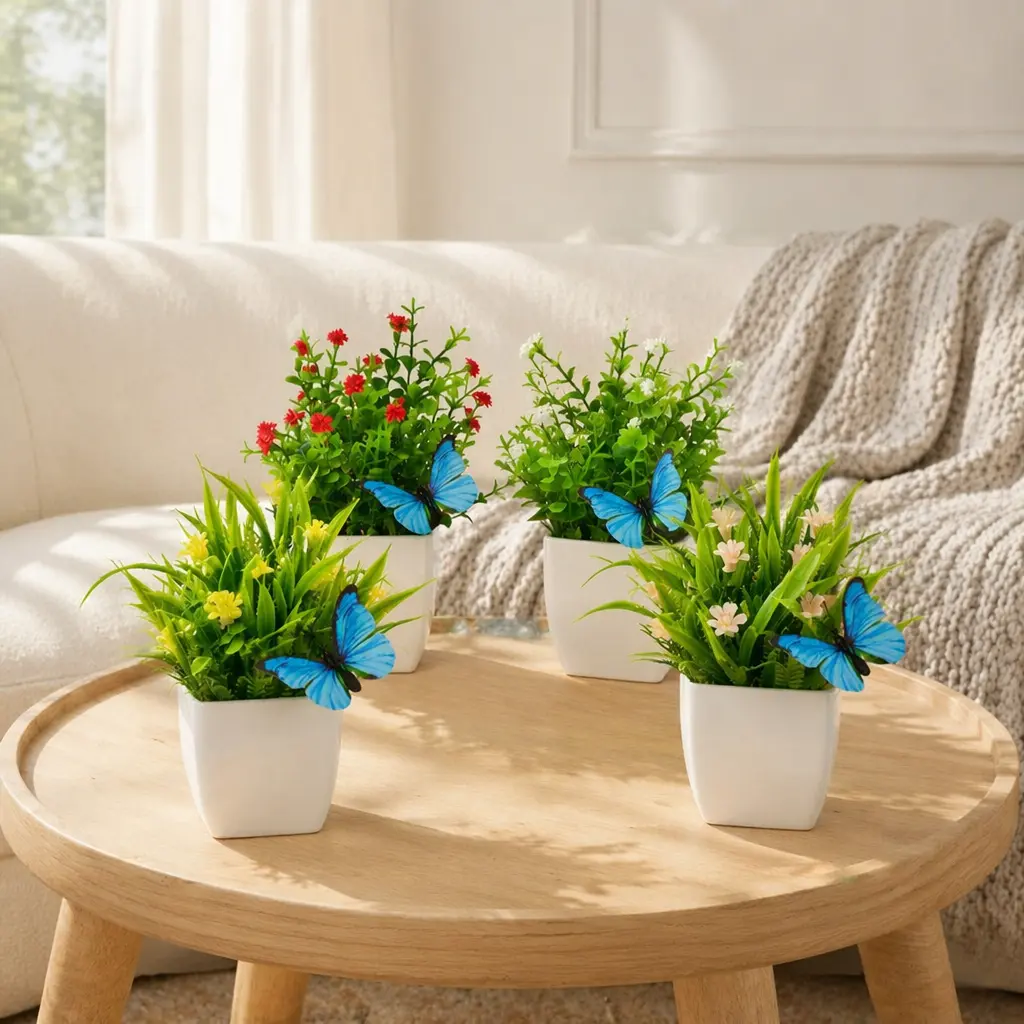 4 Pack Simulation Plant Mini Garden Artificial Eucalyptus Potted Plant With 4 Butterfly Decoration, Suitable for Home, Indoor,Outdoor，Office Desks, Rooms, Bathrooms, Lawn, Courtyard, Path And Garden Decoration,Thanksgiving,Christmas, New Year Decoration