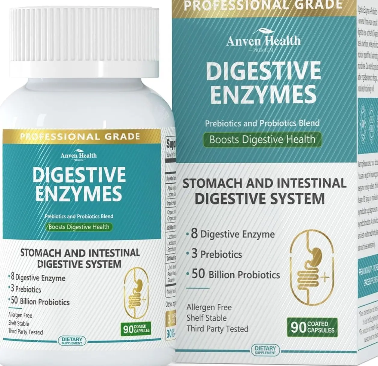 Anven Health 800mg Digestive Enzymes for Men and Women with Probiotics & Organic Prebiotics, 8 Key Enzymes, Protease, Amylase & Lipase for Bloating, Gas Relief, Non-GMO | 90 Capsules